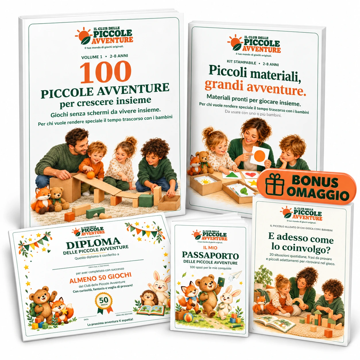 Il bundle completo: libro 100 Piccole Avventure, kit stampabile, diploma, passaporto e guida bonus in omaggio