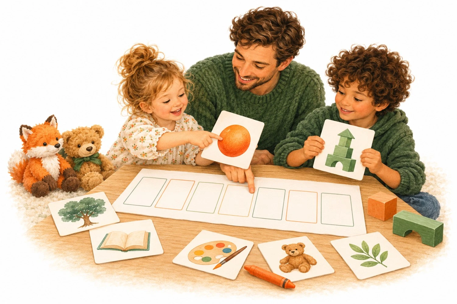 Un adulto e due bambini scelgono insieme carte illustrate, con costruzioni e peluche sul tavolo.